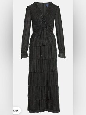 Beaded Black Long-Sleeve Tiered Evening Dress